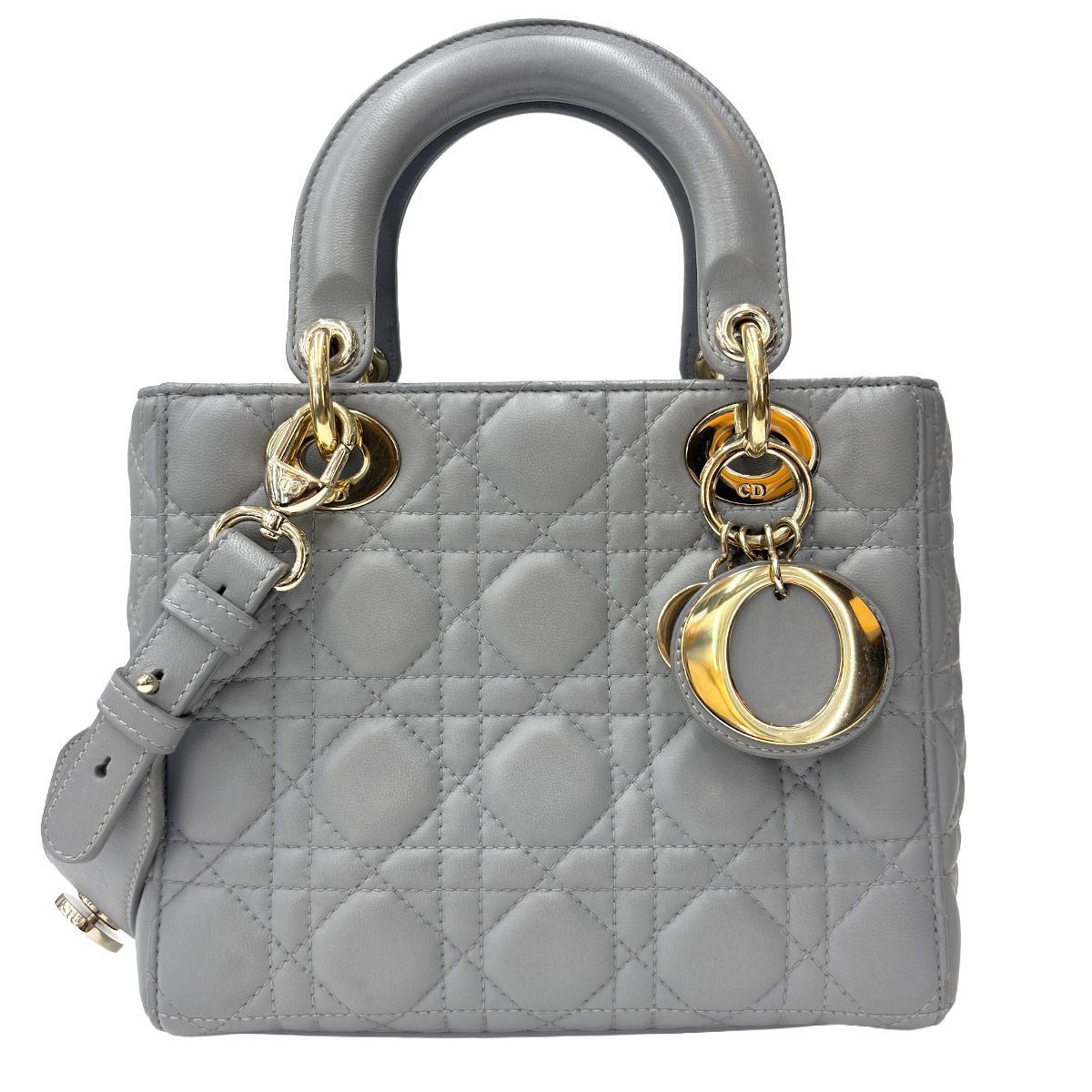 Dior Lady Dior Cannage Small Gray Gold Lamb 2-Way Myabc Shoulder Bag