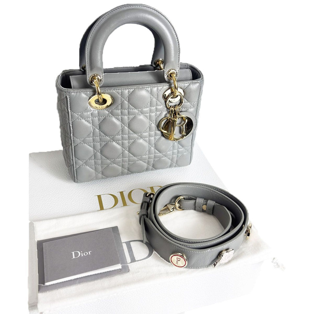 Dior Lady Dior Cannage Small Gray Gold Lamb 2-Way Myabc Shoulder Bag — view 3