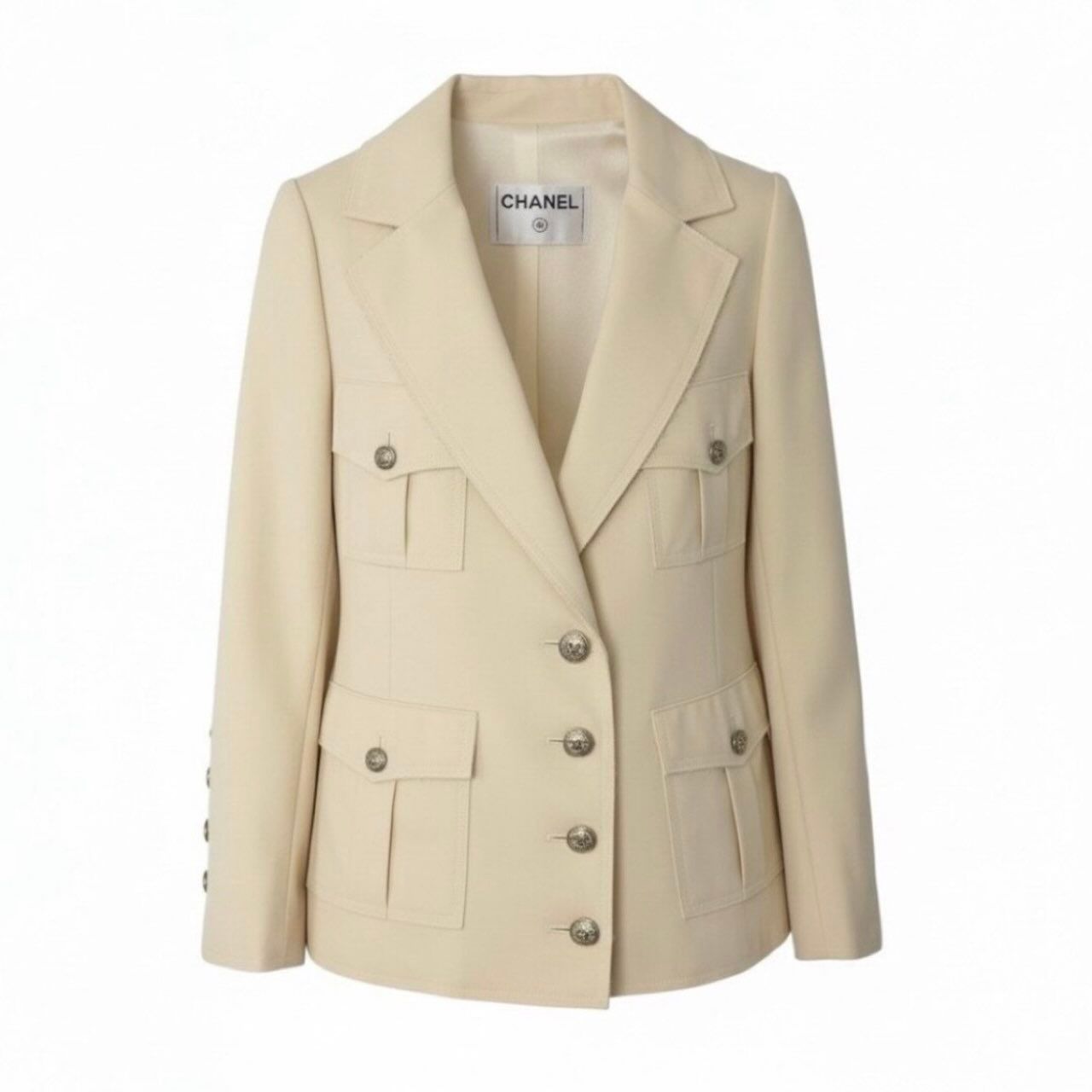 Chanel Vintage Safari Jacket 4 Pockets CC Logo Ivory