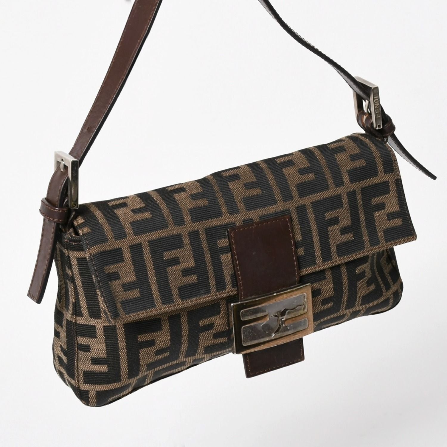 Fendi Mamma Baguette Bag Canvas Leather Brown Zucca Pattern Silver — view 3