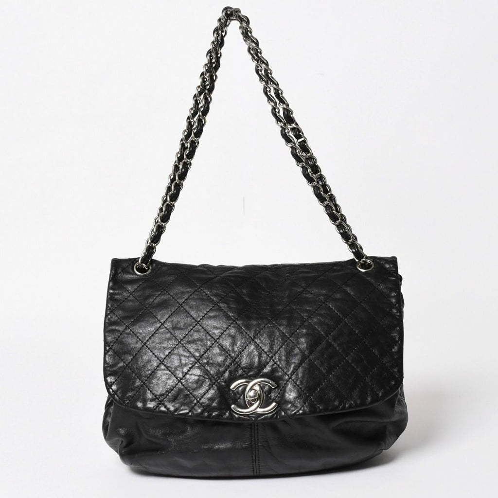 Chanel S Flap Chain Shoulder Bag CC Logo Calfskin Black Silver