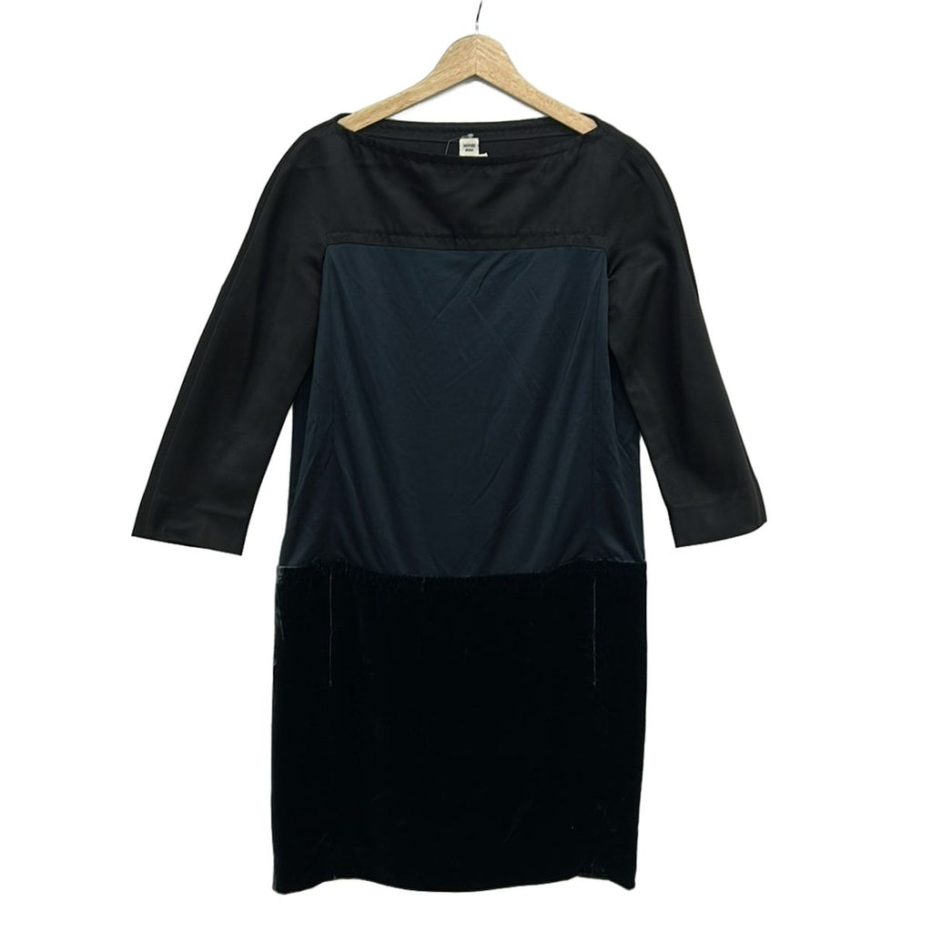 Hermes Dress 36 S Dark Navy Black Crew Neck 3/4 Sleeves Knee Length Silk Velour