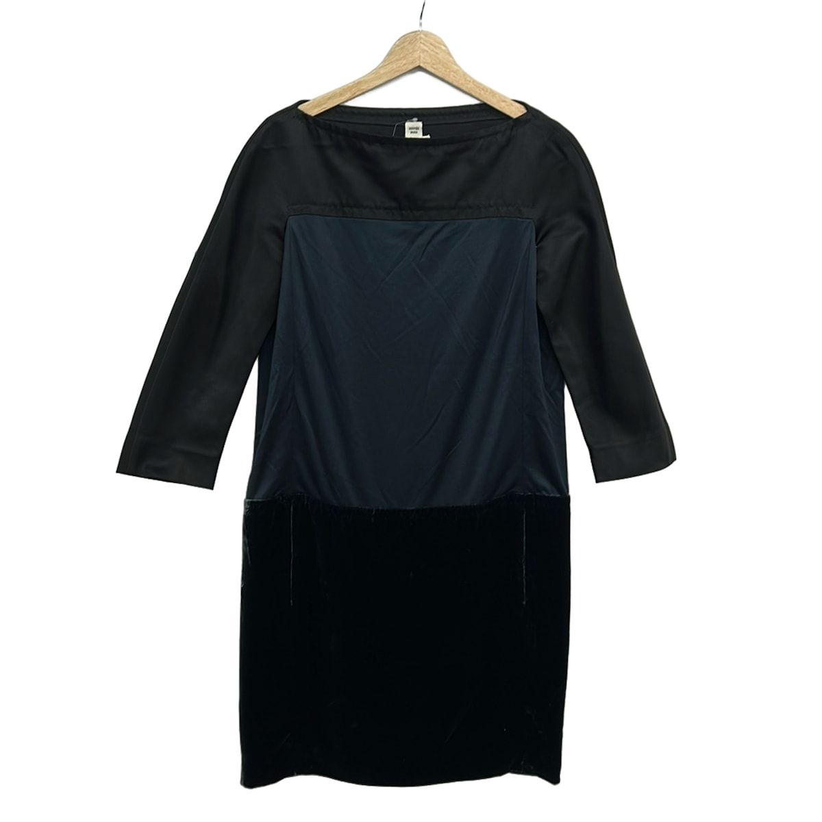 Hermes Dress 36 S Dark Navy Black Crew Neck 3/4 Sleeves Knee Length Silk Velour