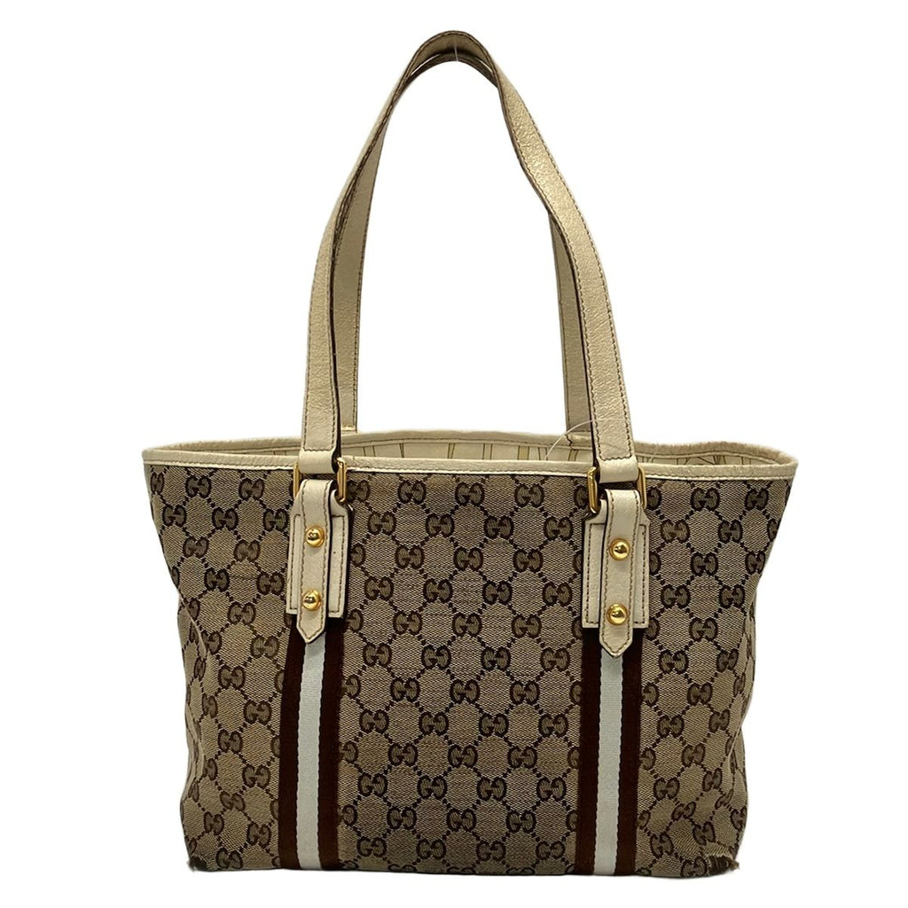 Gucci Tote Bag GG Pattern Beige Dark Brown White Leather