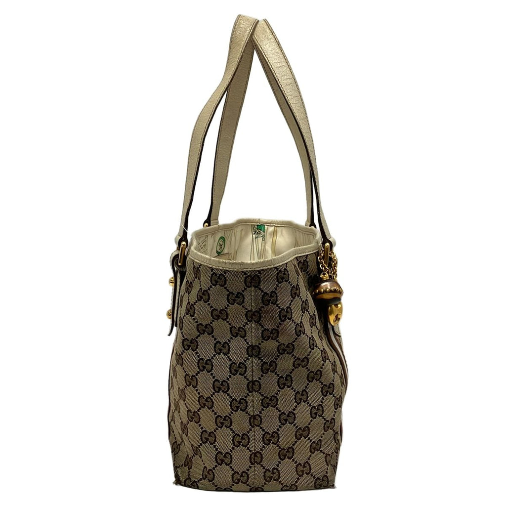 Gucci Tote Bag GG Pattern Beige Dark Brown White Leather
