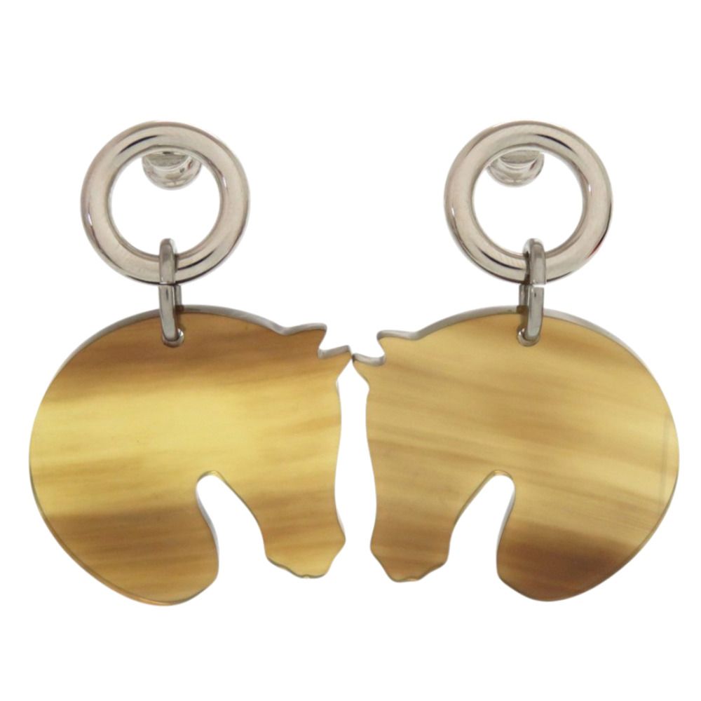Hermes Cheval Horse Buffalo Horn Brown Earrings