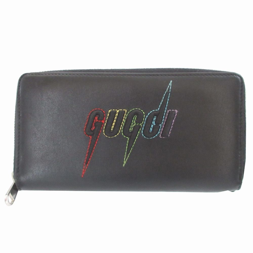 Gucci Blade Embroidery Leather Black Zip Around Wallet