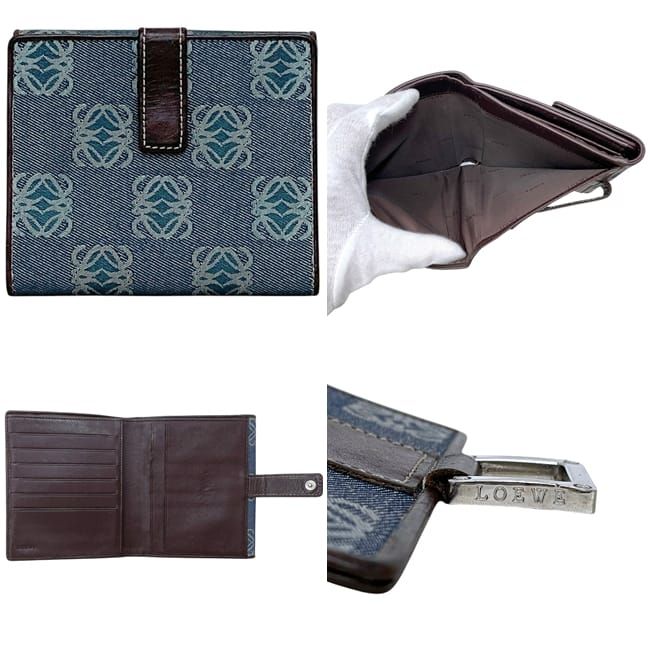 Loewe Bifold Wallet Blue Brown Anagram Canvas Leather Logo All Over Pattern Hook