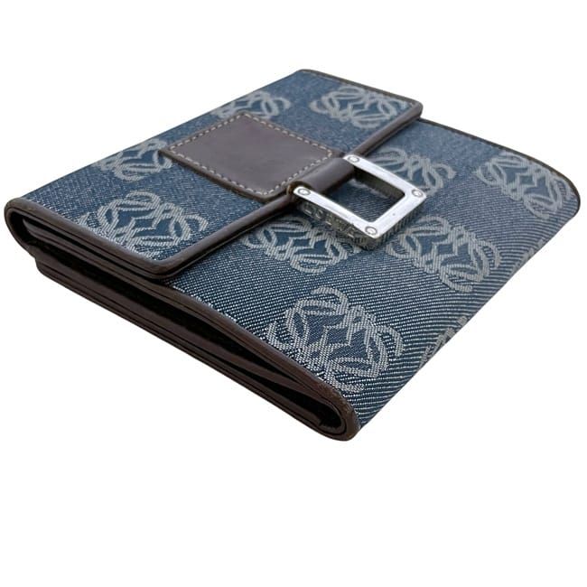 Loewe Bifold Wallet Blue Brown Anagram Canvas Leather Logo All Over Pattern Hook