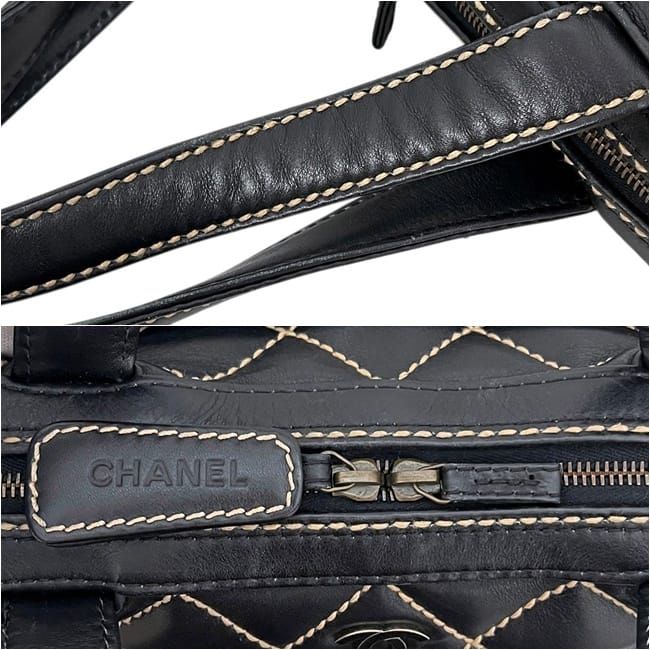Chanel Handbag Black Wild Stitch Tote Lambskin CC Logo Fastener