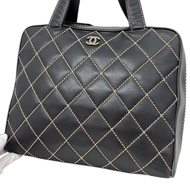 Chanel Handbag Black Wild Stitch Tote Lambskin CC Logo Fastener