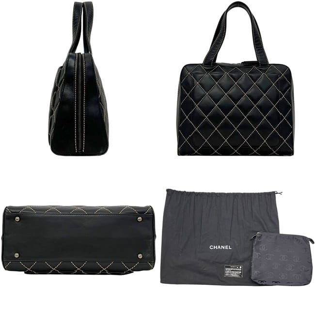 Chanel Handbag Black Wild Stitch Tote Lambskin CC Logo Fastener