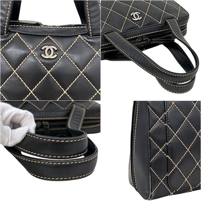 Chanel Handbag Black Wild Stitch Tote Lambskin CC Logo Fastener