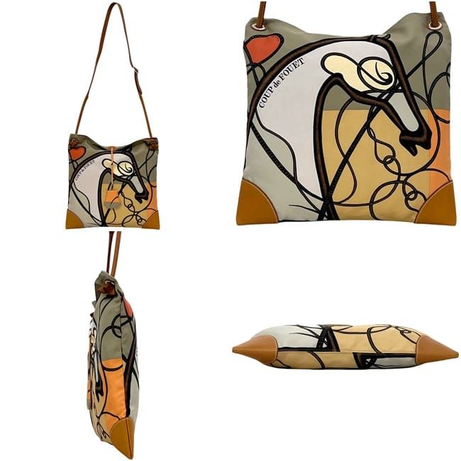 Hermes Shoulder Bag Silky City PM Gray Beige Leather Silk