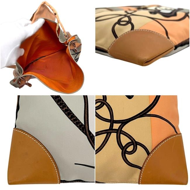 Hermes Shoulder Bag Silky City PM Gray Beige Leather Silk
