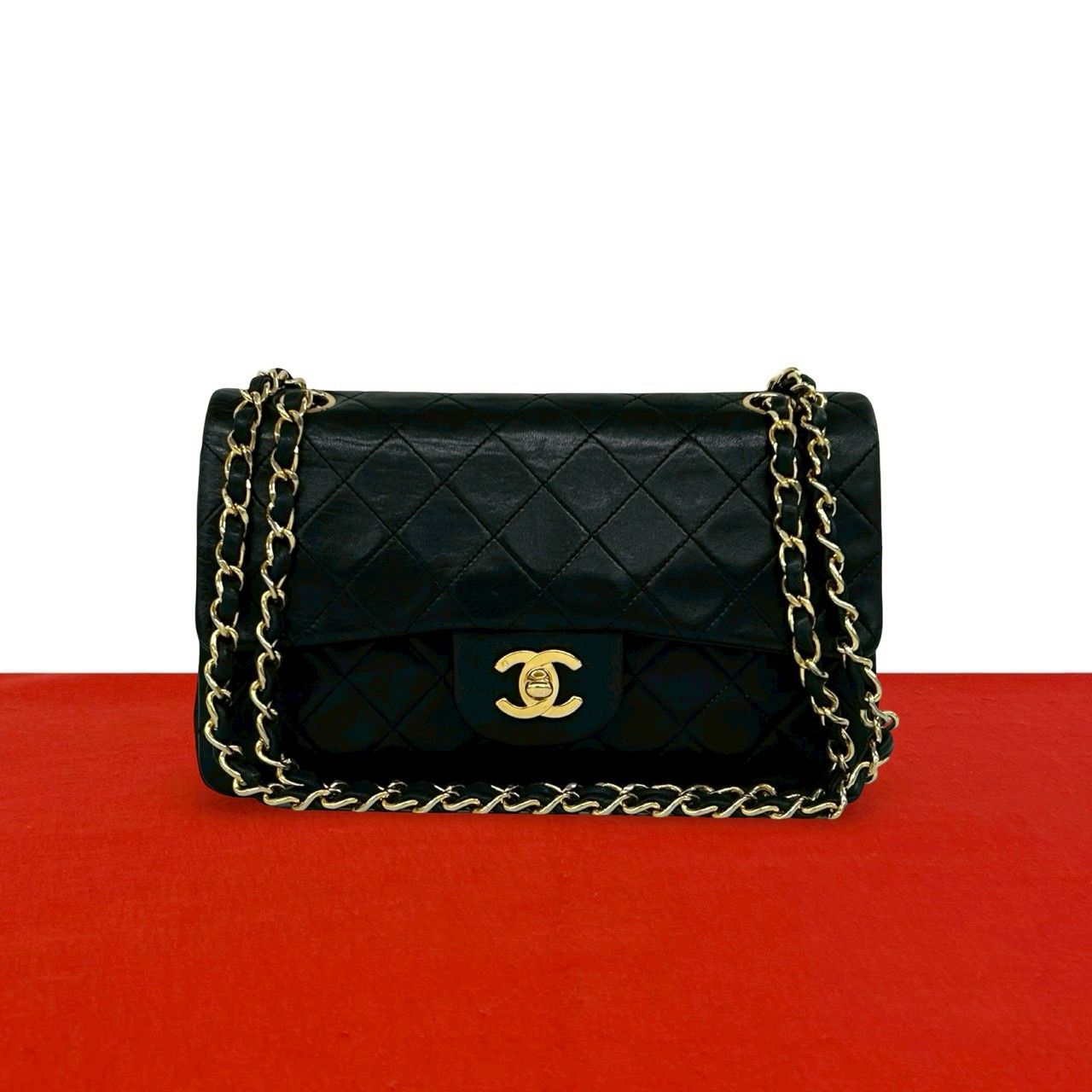 Chanel With Double Flap Quilted CC Logo Lambskin Shoulder Bag Pochette Black