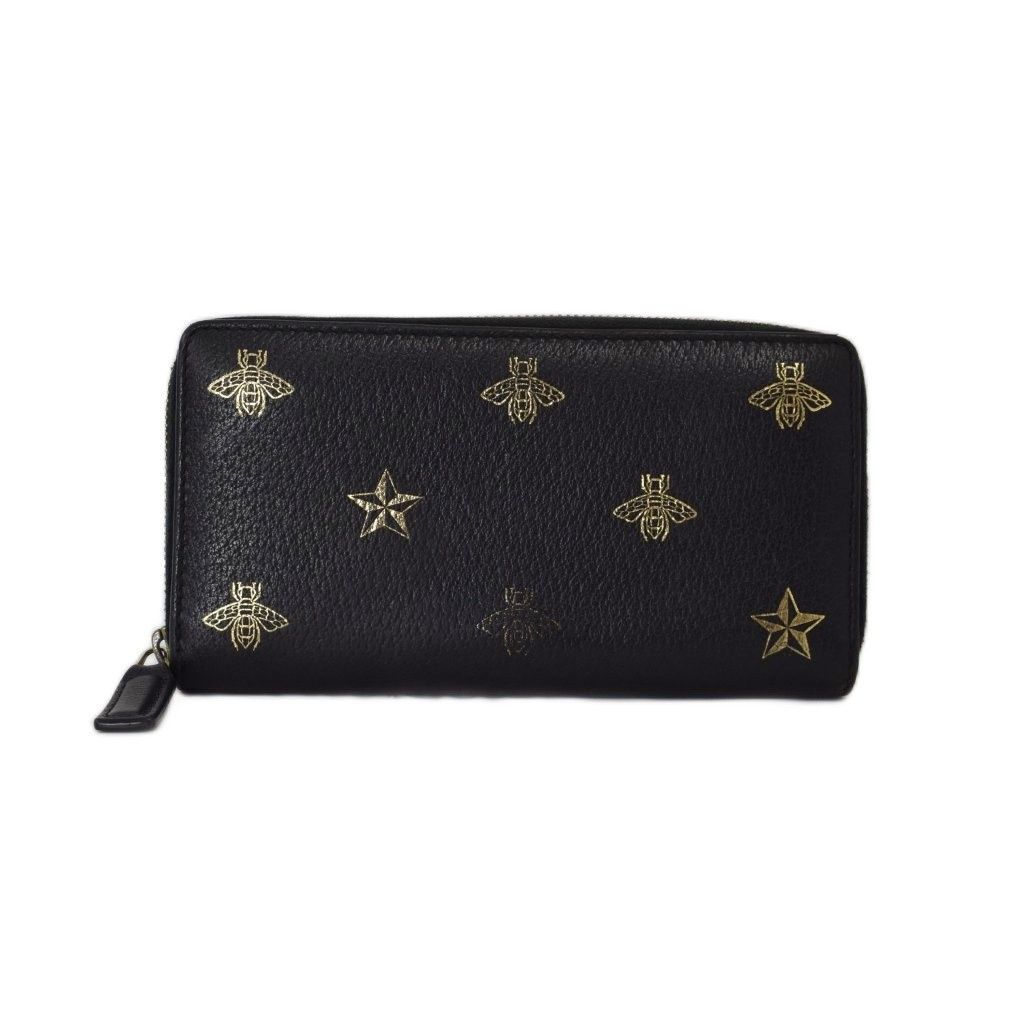 Gucci Bee & Star Round Zip Wallet Bee Leather Black Gold
