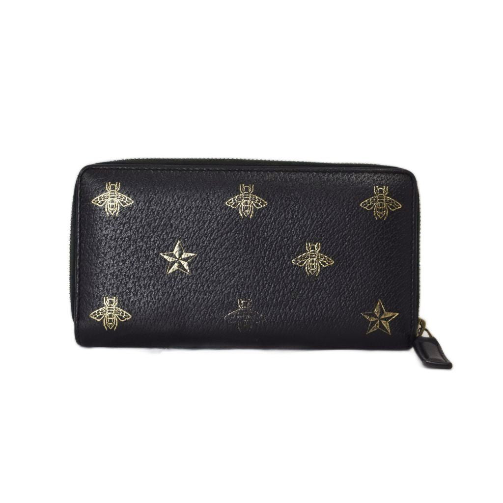 Gucci Bee & Star Round Zip Wallet Bee Leather Black Gold