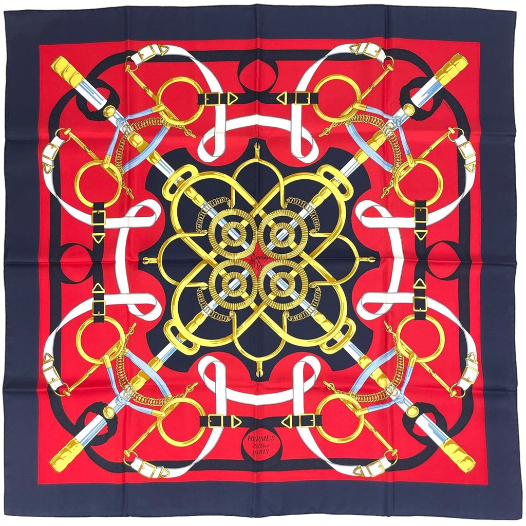 Hermes Carre 90 Eperon D'or Yellow Gold Spurs Scarf Silk Navy