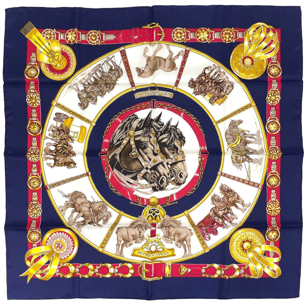 Hermes Carre 90 Chevaux de Trait Taima Scarf Silk Navy Multicolor