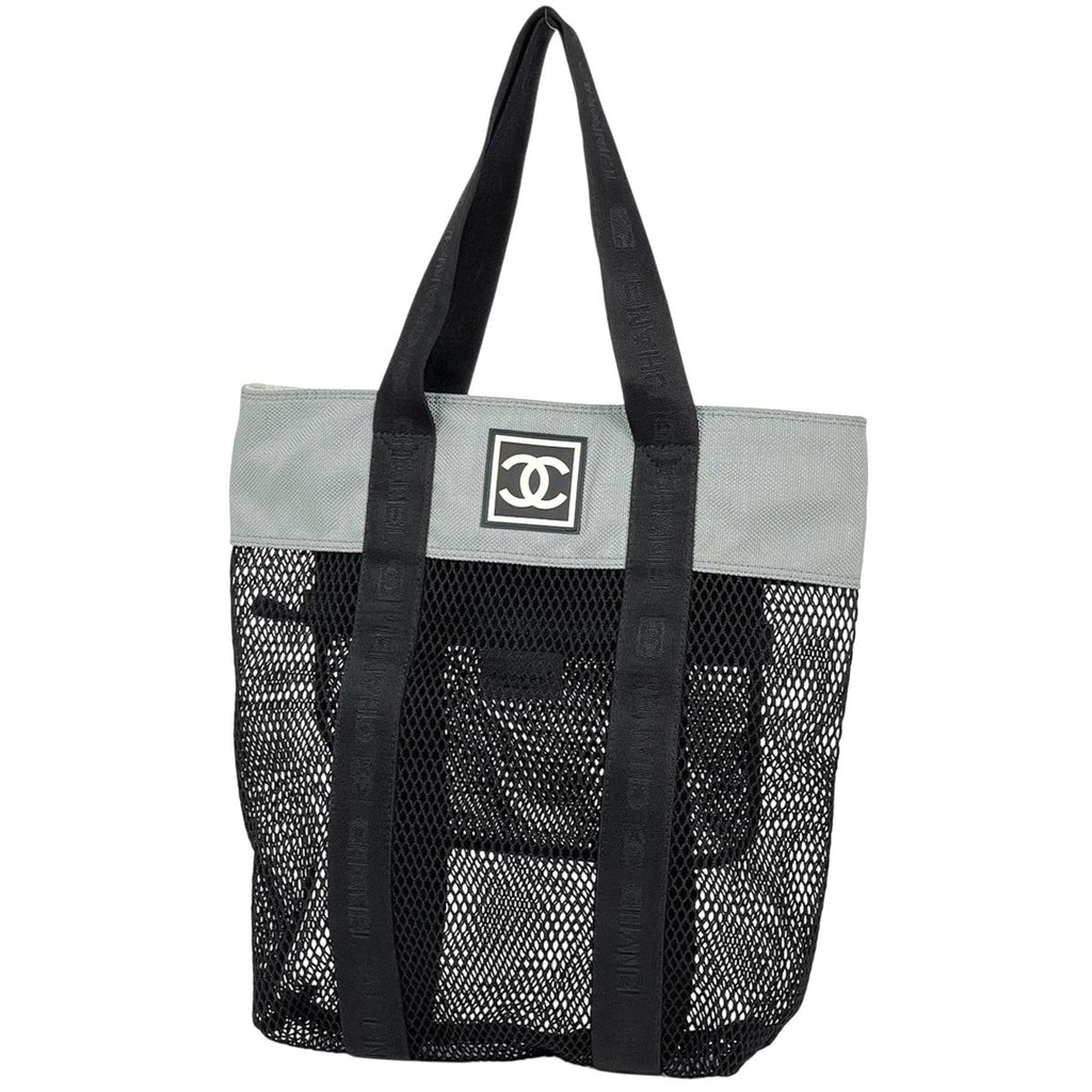 Chanel Sports Line Mesh Tote Bag CC Logo Nylon Canvas Black Gray
