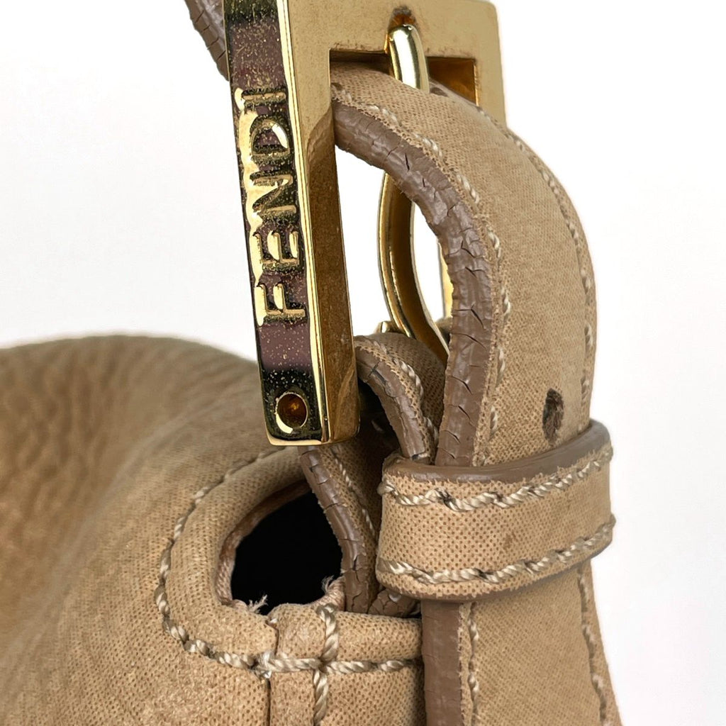 Fendi Zucca Logo Shoulder Bag Big Mamma Baguette Leather Beige