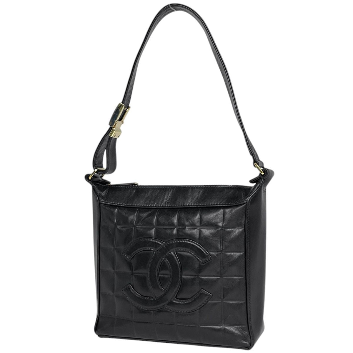 Chanel Choco Bar Shoulder Bag CC Logo Leather Black