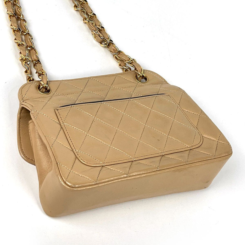 Chanel CC Logo Chain Shoulder Bag Quilted Leather Beige