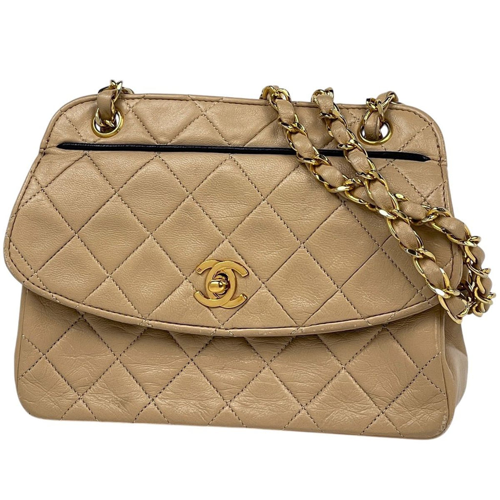 Chanel CC Logo Chain Shoulder Bag Quilted Leather Beige