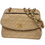 Chanel CC Logo Chain Shoulder Bag Quilted Leather Beige
