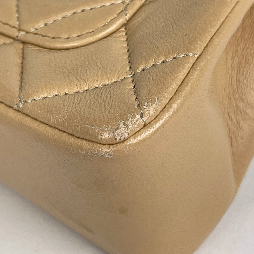 Chanel CC Logo Chain Shoulder Bag Quilted Leather Beige