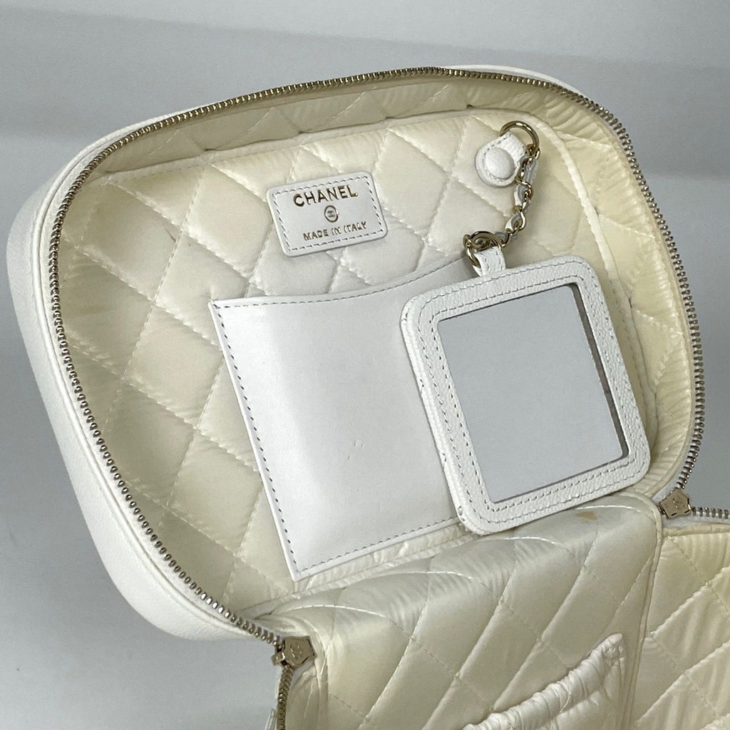 Chanel CC Logo Vanity Makeup Pouch Quilted Mila Caviar Leather White