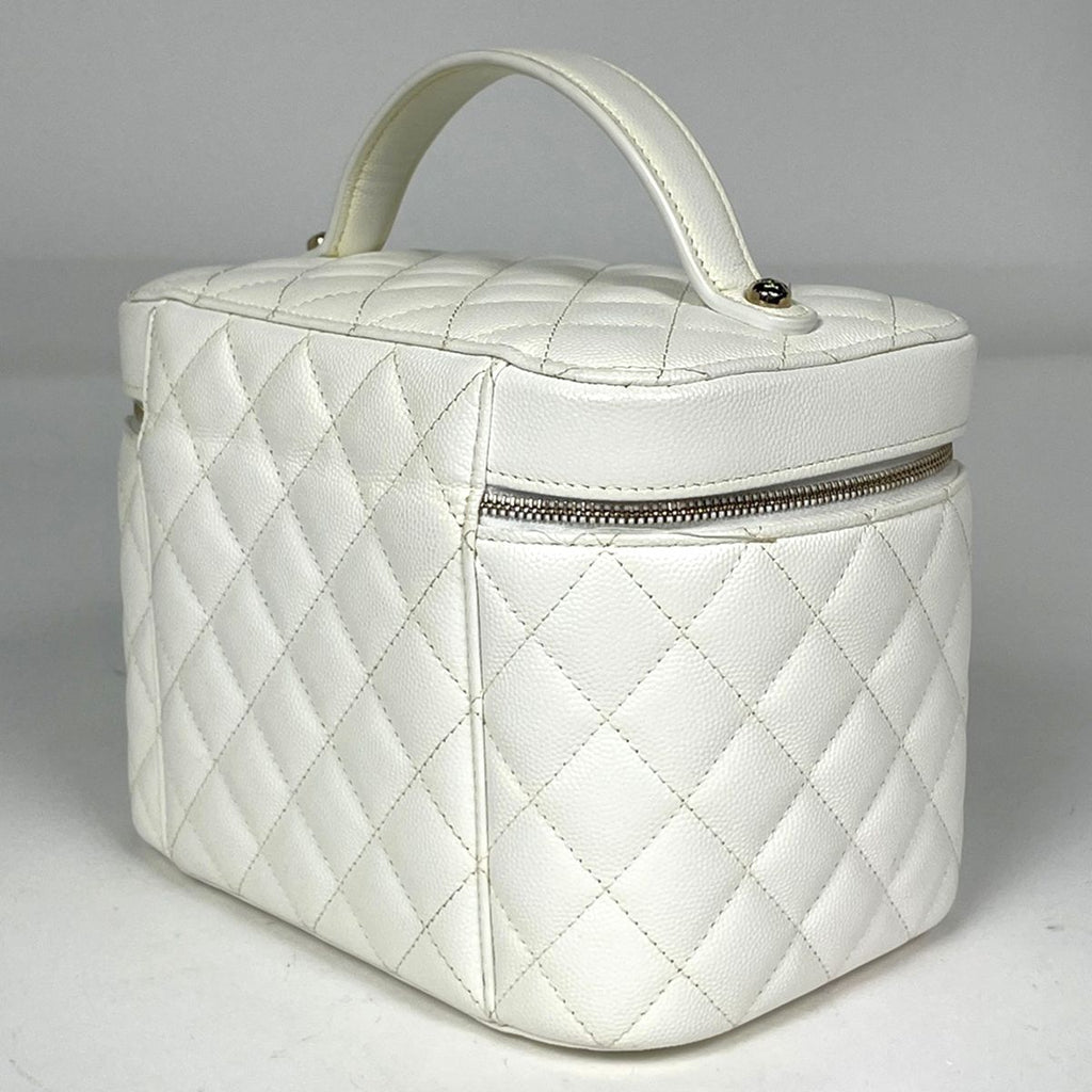 Chanel CC Logo Vanity Makeup Pouch Quilted Mila Caviar Leather White