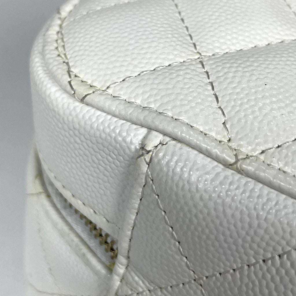 Chanel CC Logo Vanity Makeup Pouch Quilted Mila Caviar Leather White