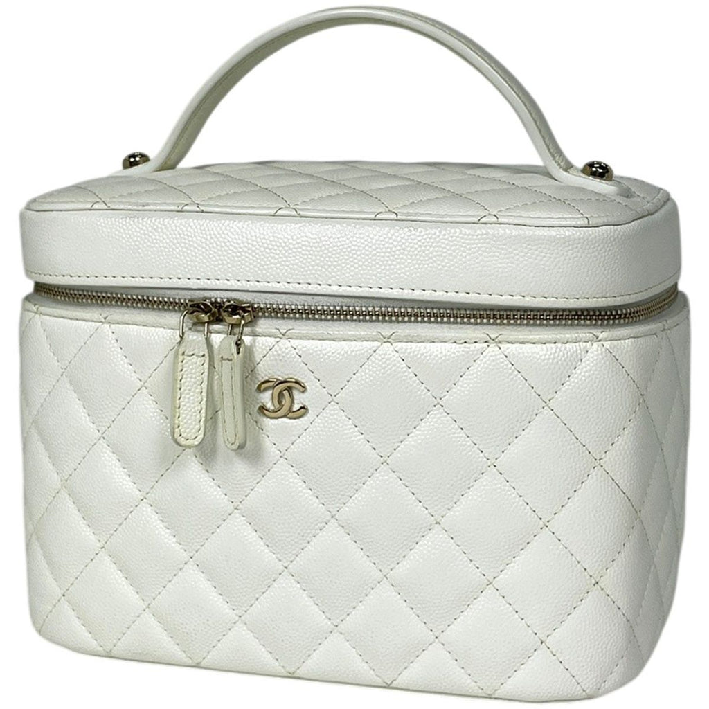 Chanel CC Logo Vanity Makeup Pouch Quilted Mila Caviar Leather White