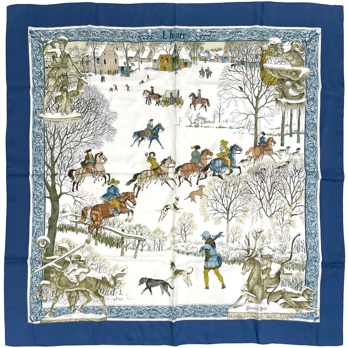Hermes Carre 90 L`hive Scarf Winter Fire Silk Blue Multicolor