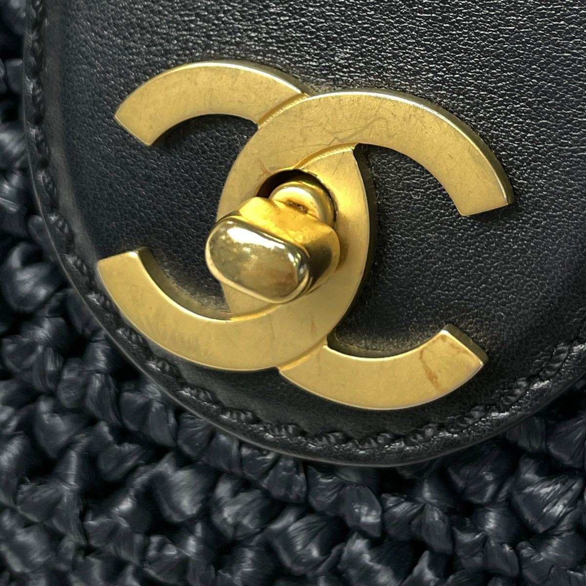 Chanel CC Logo Chain Tote Shoulder Bag Raffia Navy