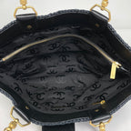 Chanel CC Logo Chain Tote Shoulder Bag Raffia Navy