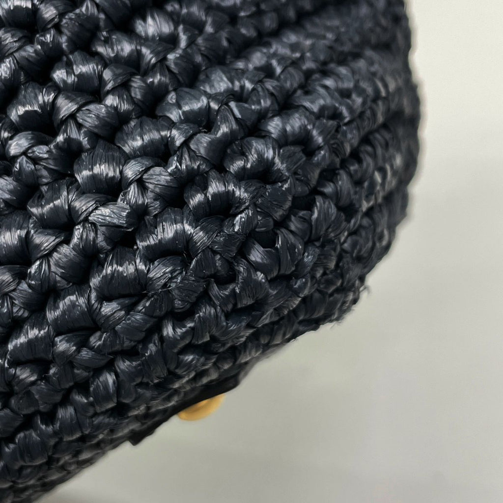 Chanel CC Logo Chain Tote Shoulder Bag Raffia Navy