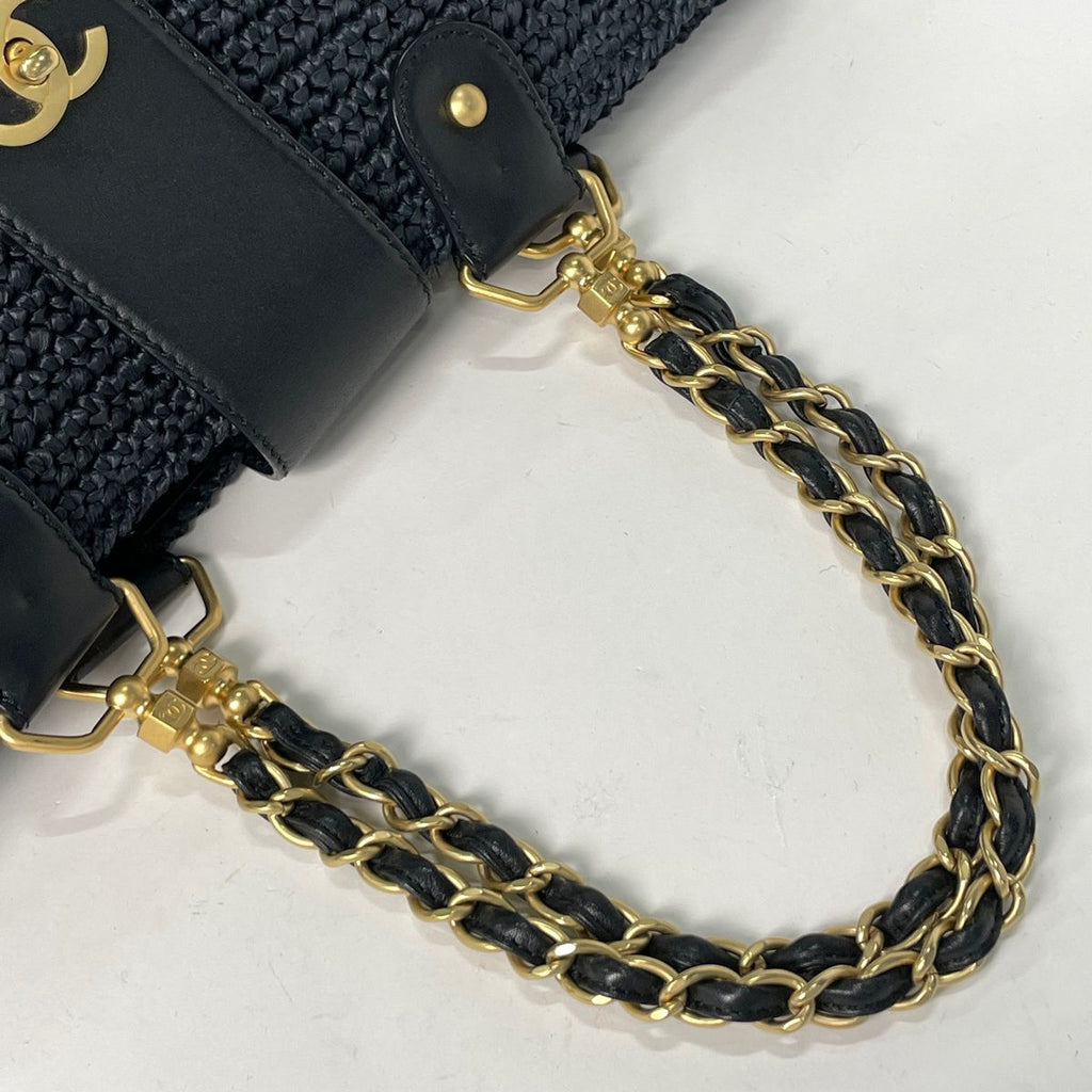 Chanel CC Logo Chain Tote Shoulder Bag Raffia Navy
