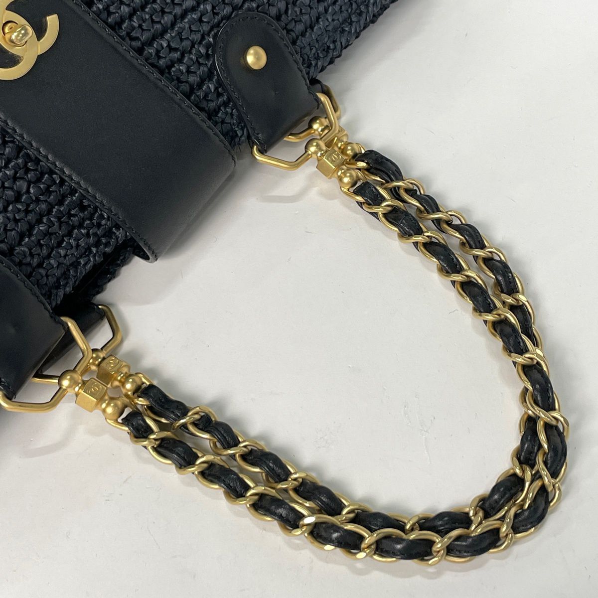 Chanel CC Logo Chain Tote Shoulder Bag Raffia Navy