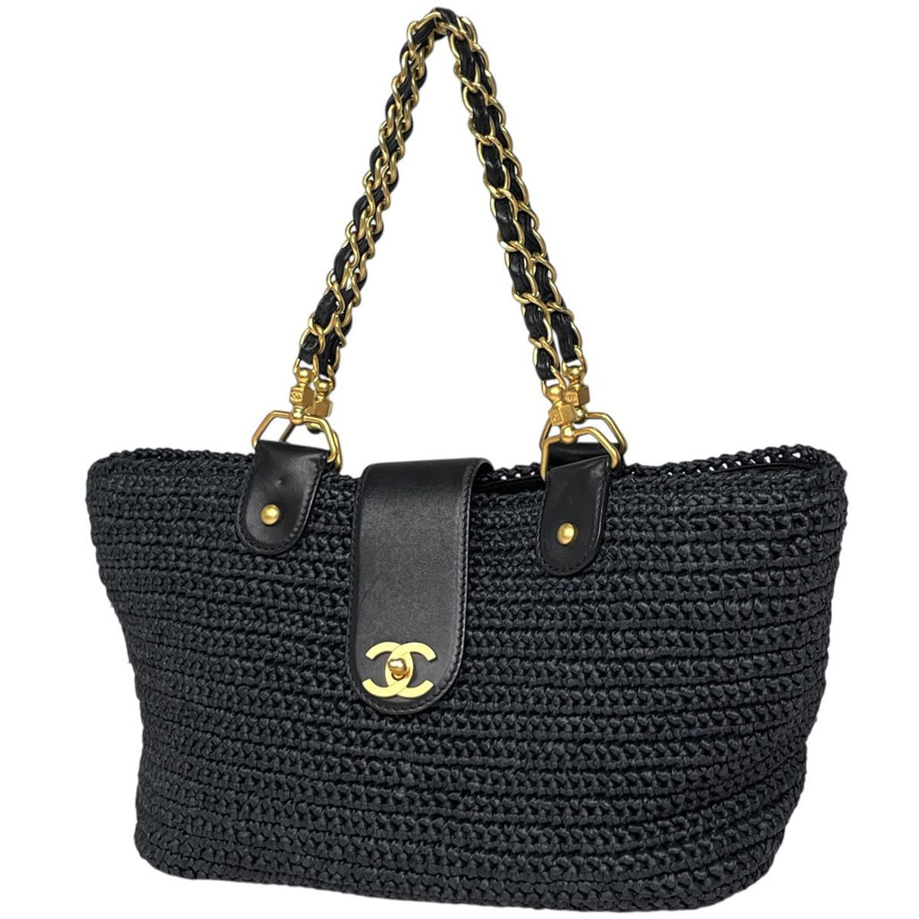Chanel CC Logo Chain Tote Shoulder Bag Raffia Navy