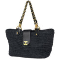 Chanel CC Logo Chain Tote Shoulder Bag Raffia Navy