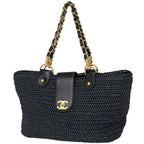 Chanel CC Logo Chain Tote Shoulder Bag Raffia Navy