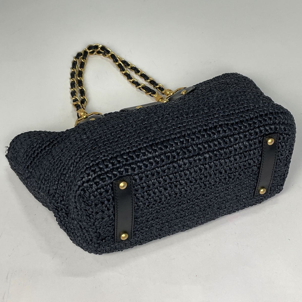 Chanel CC Logo Chain Tote Shoulder Bag Raffia Navy