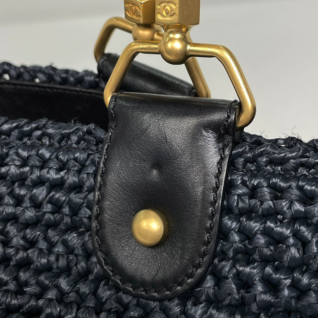 Chanel CC Logo Chain Tote Shoulder Bag Raffia Navy