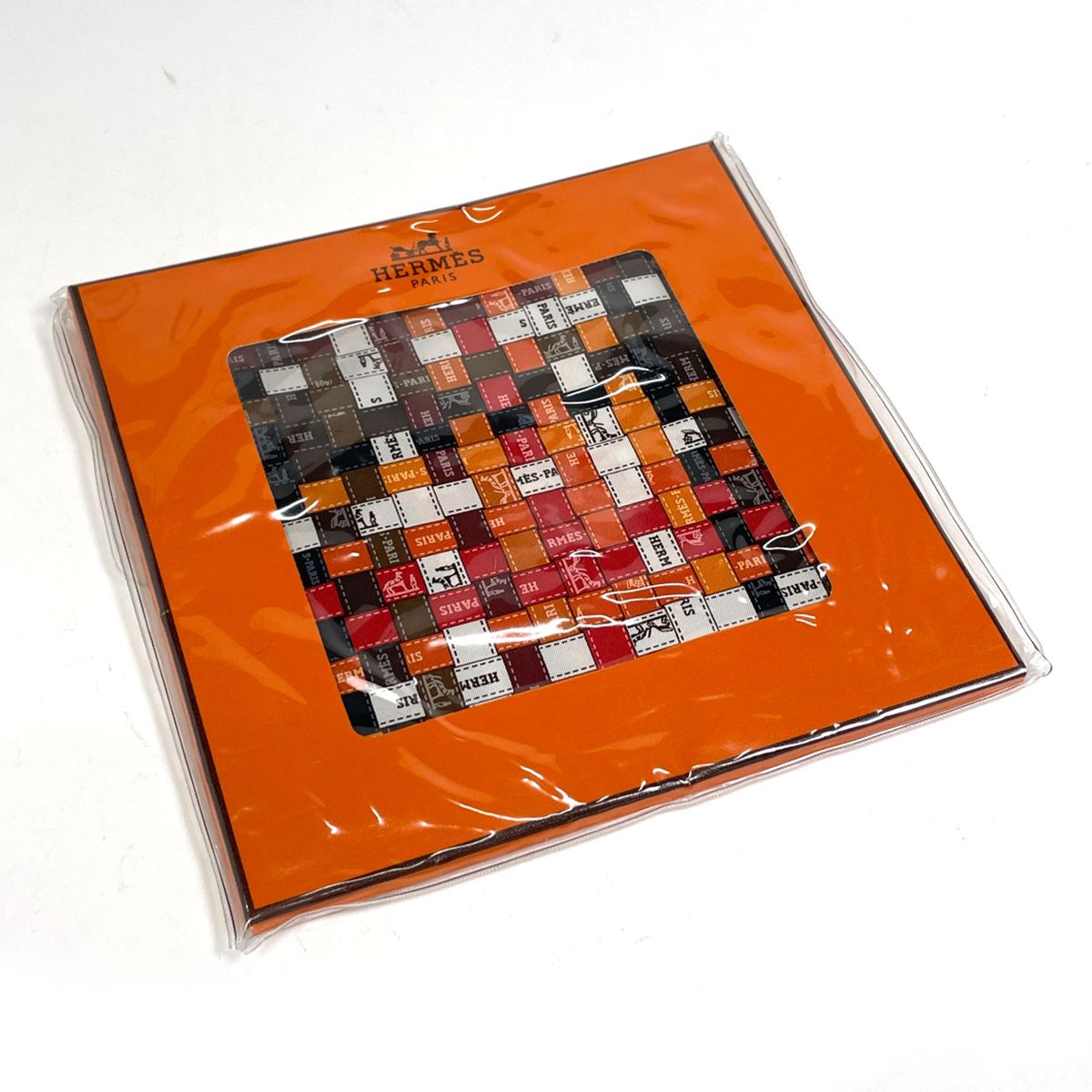 Hermes Carre 90 Bolduc AU Scarf Check Ribbon Silk Orange Brown