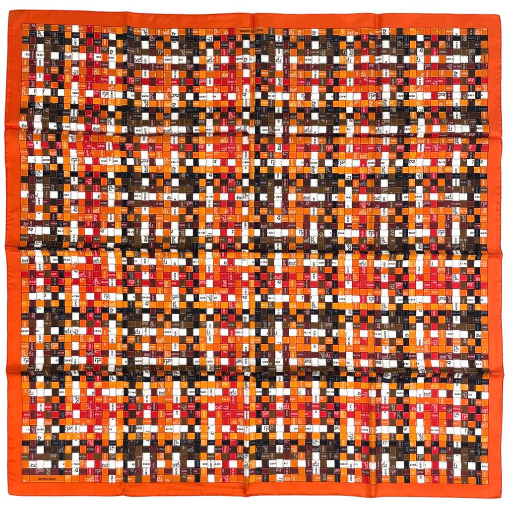 Hermes Carre 90 Bolduc AU Scarf Check Ribbon Silk Orange Brown