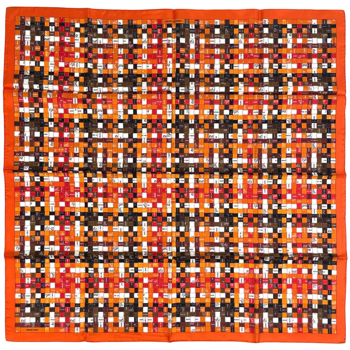 Hermes Carre 90 Bolduc AU Scarf Check Ribbon Silk Orange Brown