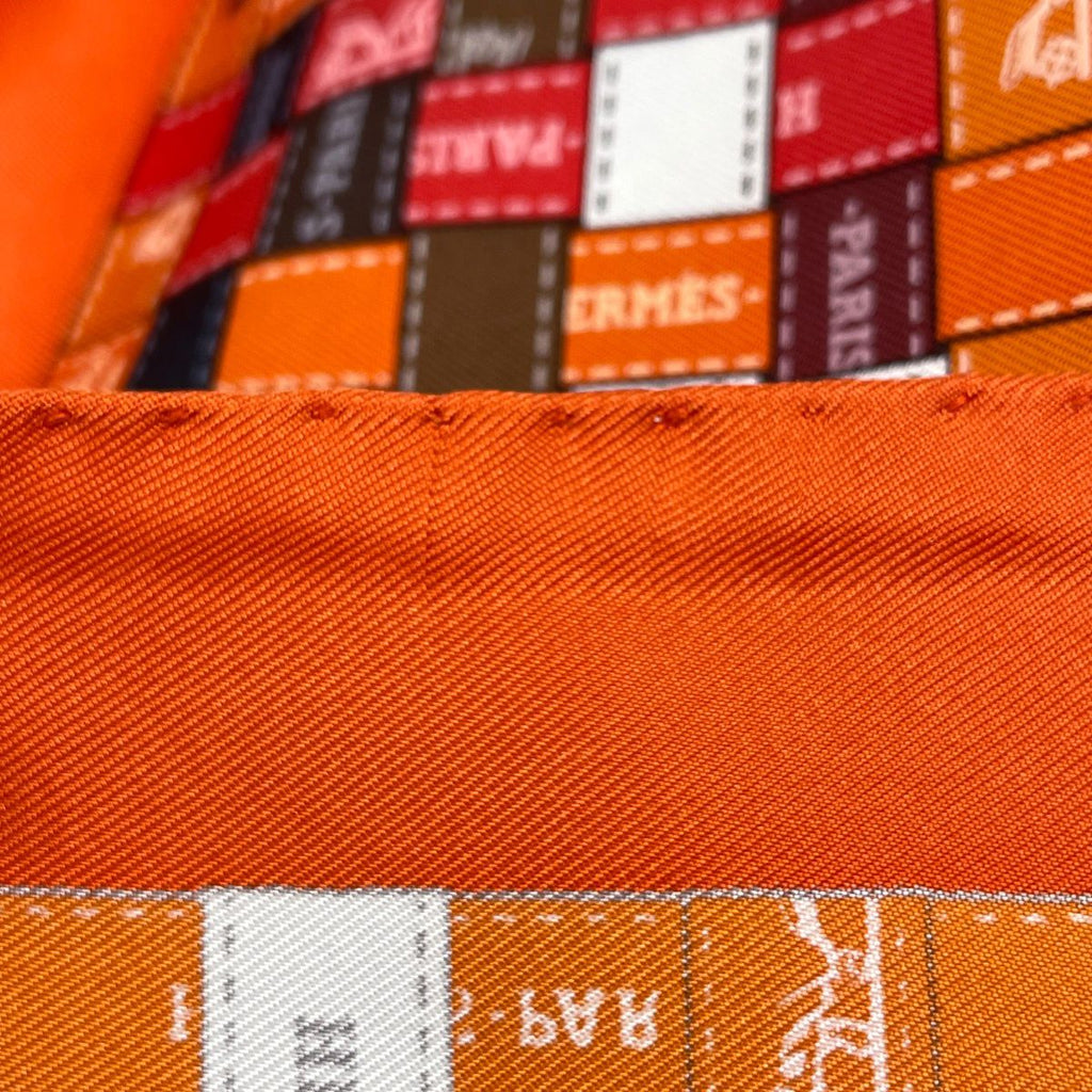 Hermes Carre 90 Bolduc AU Scarf Check Ribbon Silk Orange Brown